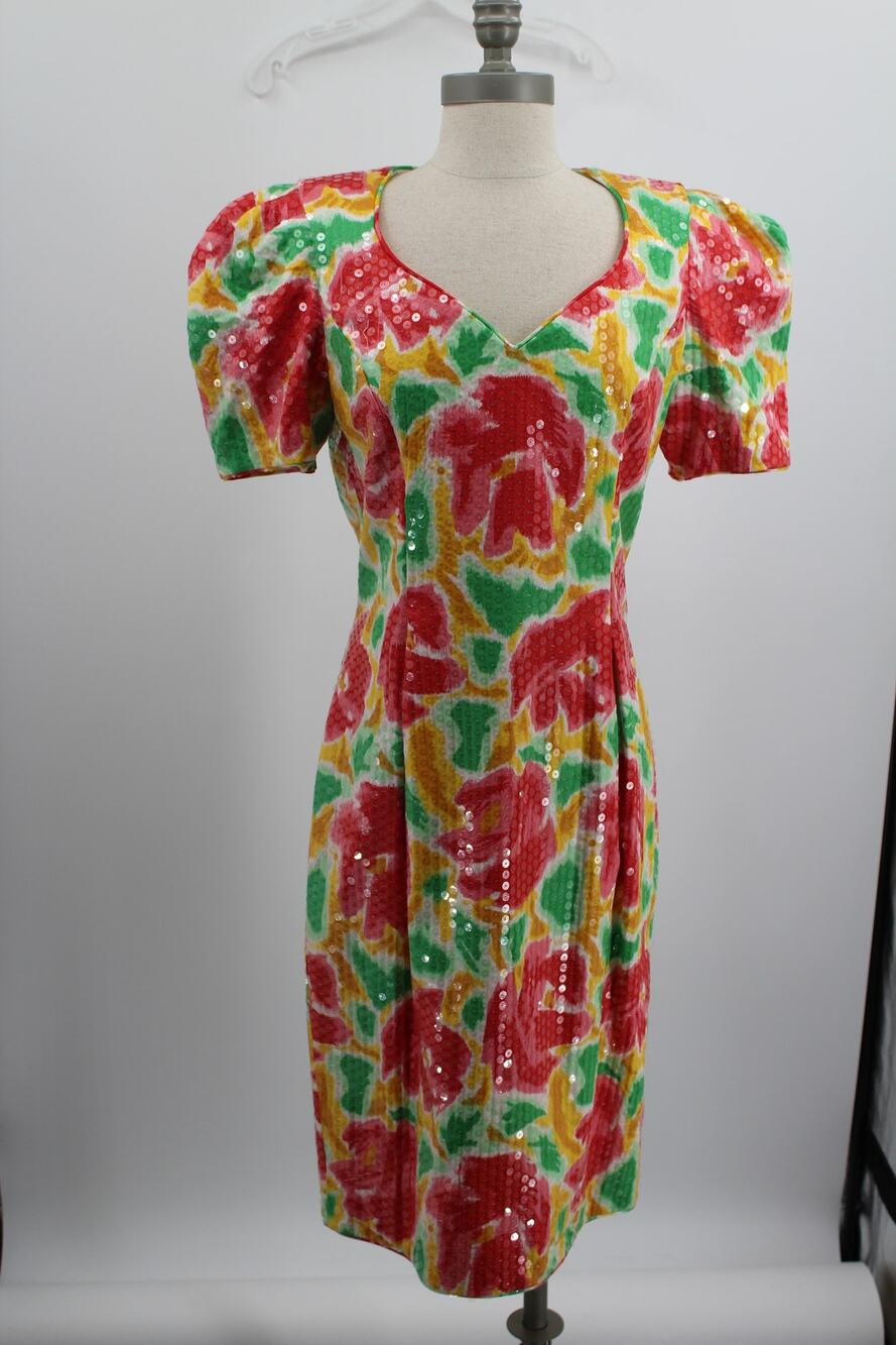 90s Vintage Morton Myles for The Warrens Sequin Floral Cotton Dress Size 12